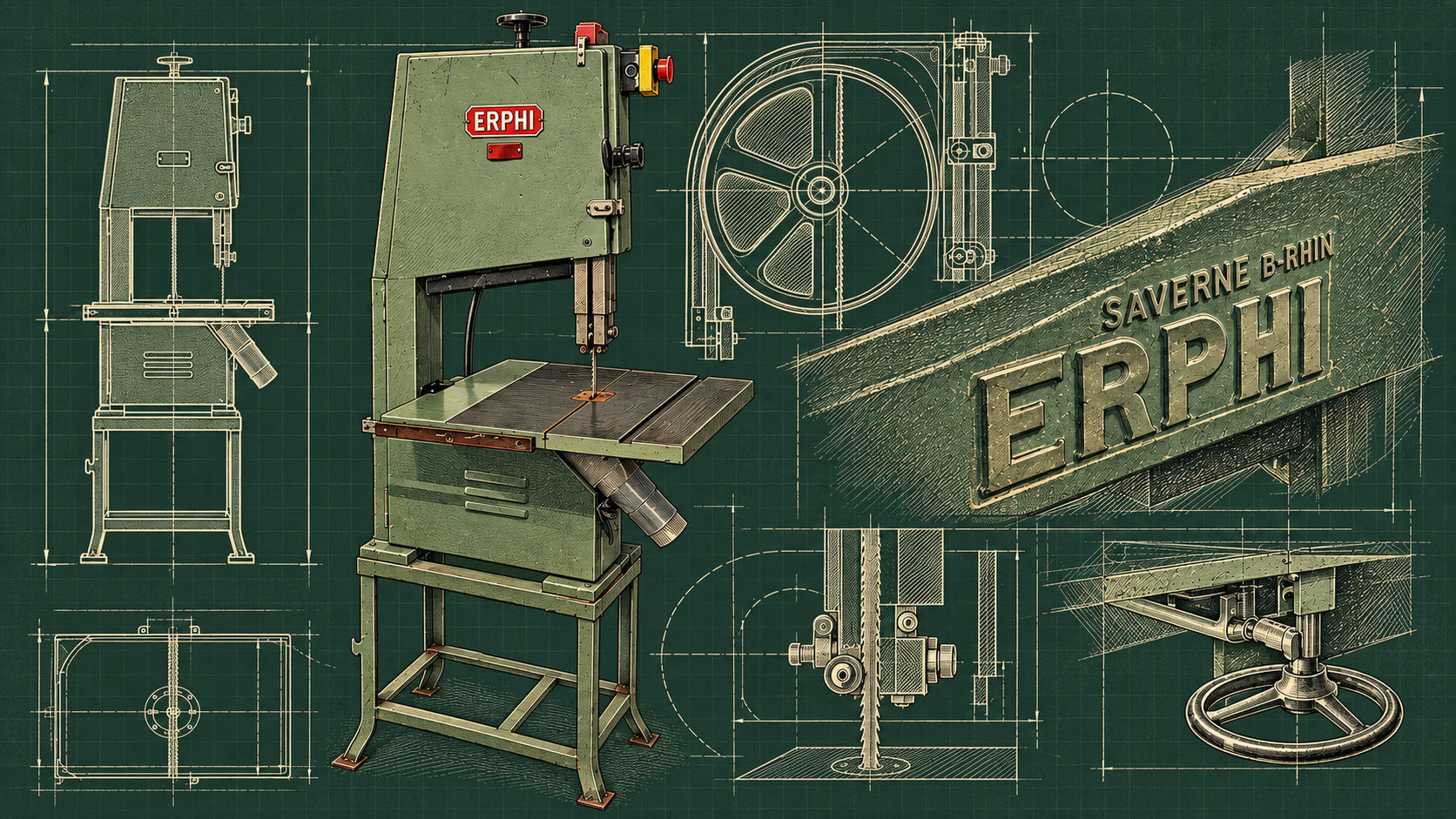 Dessin technique d’une ancienne scie à ruban ERPHI fabriquée à Steinbourg, près de Saverne. (généré par IA)