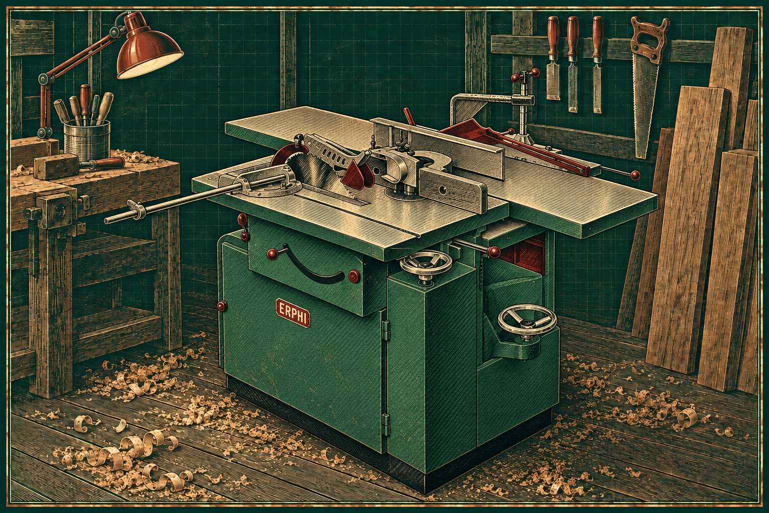 Un combiné ERPHI 541dans un atelier de menuiserie, illustrée comme un ancien plan technique sur fond vert quadrillé.